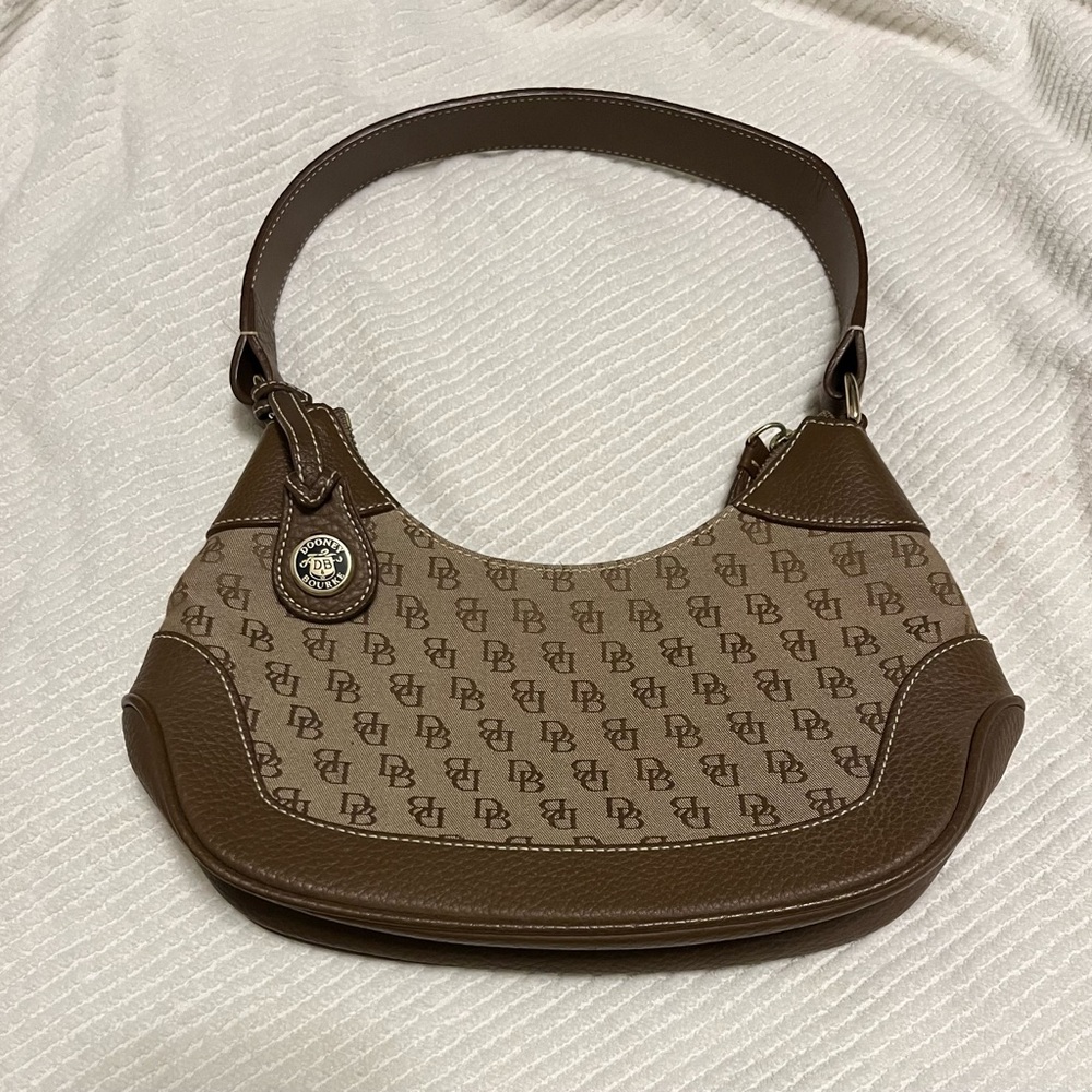 Dooney & Bourke Bag | Khaki Signature Print | Mini Hobo Bag w/Camel Leather Trim